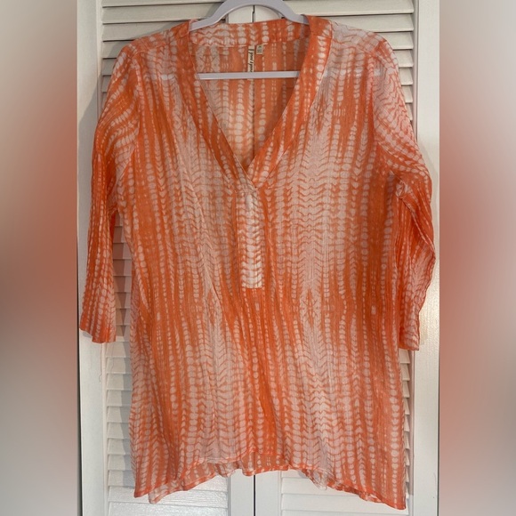 Grand & Greene Orange & White Tie Dye Tunic, Sz M, Lightweight, Semi-sheer - Picture 1 of 7